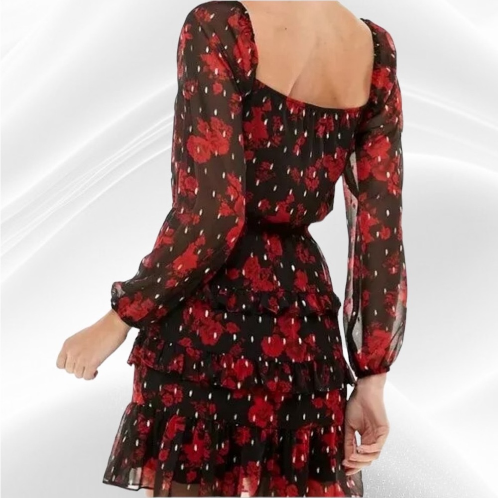 City Studio Womens Juniors Red Black Gold Floral Print Square Neck Dress Small - Picture 2 of 9